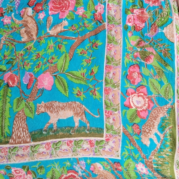Vintage 90s April Cornell Tropical Floral & Animal Print Scarf pink & turquoise - Picture 4 of 9